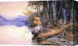 Russell Canvas Paintings - Indian Camp - Lake McDonald by Charles Marion Russell