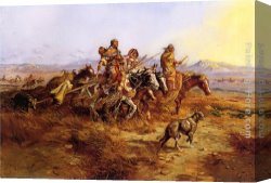 Russell Canvas Paintings - Indian Women Moving by Charles Marion Russell