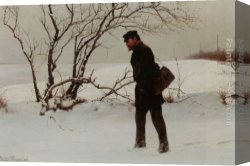 Charles Spencelayh Canvas Paintings - A Winter Traveler by Charles Spencelayh