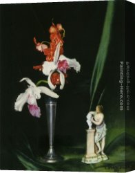Charles Spencelayh Canvas Paintings - Still Life Of An Orchid And A Porcelain Figure by Charles Spencelayh