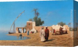 Frere Canvas Paintings - Un vilage aux bords de Nil - Haute Egypte by Charles Theodore Frere