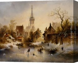 Village Canvas Paintings - A Winter Landscape with Skaters near a Village by Charles van den Eycken