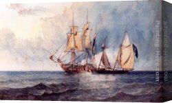 Man with Scythe Canvas Paintings - A Man-O-War And Pirate Ship At Full Sail On Open Seas by Clarkson Stanfield