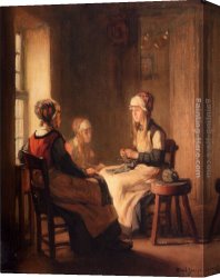 Claude-joseph Canvas Paintings - A Interior With Marken Girls Knitting by Claude Joseph Bail