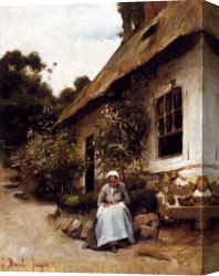Gingerbread Cottage Canvas Paintings - Woman Sewing In Front Of Her Cottage by Claude Joseph Bail