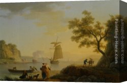 Claude-joseph Canvas Paintings - An Extensive Coastal Landscape with Fishermen Unloading their Boats and Figures Conversing in the Foreground by Claude-Joseph Vernet