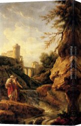 Peasant Canvas Paintings - Two female peasants by a waterfall, a town and aqueduct beyond by Claude-Joseph Vernet
