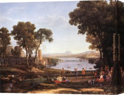 Figure Classic Canvas Paintings - Landscape with Dancing Figures by Claude Lorrain