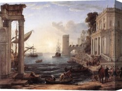 Queen Canvas Paintings - Seaport with the Embarkation of the Queen of Sheba by Claude Lorrain