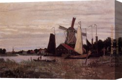 Lighthouse Canvas Paintings - A Windmill at Zaandam by Claude Monet