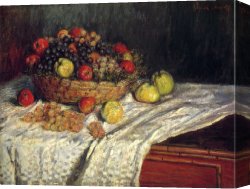 Apples Peaches Pears And Grapes Canvas Paintings - Fruit Basket with Apples and Grapes by Claude Monet