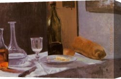 Bread Canvas Paintings - Still Life with Bottles Carafe Bread and Wine by Claude Monet
