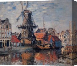 Amsterdam Canvas Paintings - The Windmill on the Onbekende Canal Amsterdam by Claude Monet