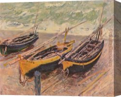 Fishing Boats at Dusk Canvas Paintings - Three Fishing Boats by Claude Monet