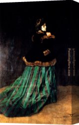 Woman with a Mirror Canvas Paintings - Woman In A Green Dress by Claude Monet