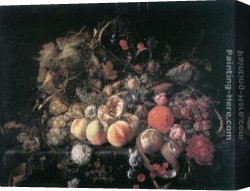 Still Life with Flowers And Fruit Canvas Paintings - Still-Life with Flowers and Fruit by Cornelis de Heem