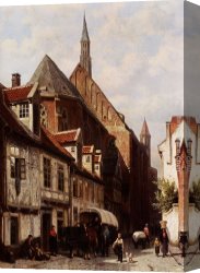 Johann Canvas Paintings - A Busy Street In Bremen With The Saint Johann Church In The Background by Cornelis Springer