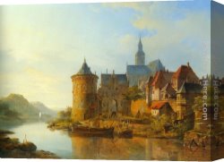 View of a Riverside Dutch Town Canvas Paintings - A View of a Town along the Rhine by Cornelis Springer