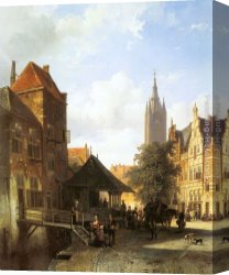 Village Street And Stairs with Figures Canvas Paintings - Figures in a Street in Delft by Cornelis Springer