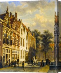 A Dutch Town Scene in Winter Canvas Paintings - Figures in the Sunlit Streets of a Dutch Town by Cornelis Springer