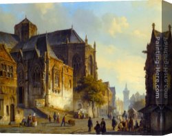 Spanish Town Canvas Paintings - Figures on a Market Square in a Dutch Town by Cornelis Springer