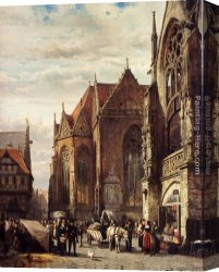 A Sunlit Townview with Figures Gathered on a Square Along a Canal Canvas Paintings - Many Figures On The Market Square In Front Of The Martinikirche, Braunschweig by Cornelis Springer