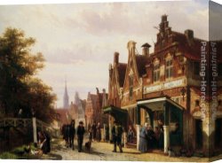 A Street Scene in Bern Canvas Paintings - Street scene with figures by Cornelis Springer