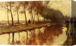 Peasant Canvas Paintings - A Peasant Woman On A Path Along A Canal by Cornelis Vreedenburgh