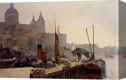 A View of Amsterdam Market Canvas Paintings - A View Of Amsterdam With The St. Nicolaas Church by Cornelis Vreedenburgh