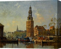 A View of Amsterdam Market Canvas Paintings - A view of the Montelbaanstoren Amsterdam by Cornelis Vreedenburgh