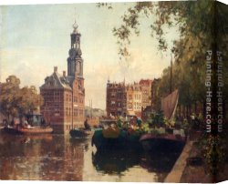 Amsterdam Canvas Paintings - The Flowermarket On The Singel, Amsterdam, With The Munttoren Beyond by Cornelis Vreedenburgh