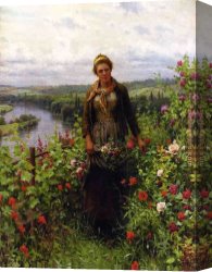 Knight's Canvas Paintings - A Maid in Her Garden by Daniel Ridgway Knight