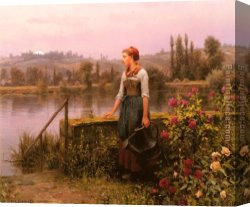 Knight's Canvas Paintings - A Woman with a Watering Can by the River by Daniel Ridgway Knight