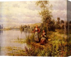 Summer Landscape Aka Woman with a Parasol in a Garden Canvas Paintings - Country Women Fishing on a Summer Afternoon by Daniel Ridgway Knight