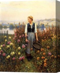 Basket Canvas Paintings - Girl with a Basket in a Garden by Daniel Ridgway Knight
