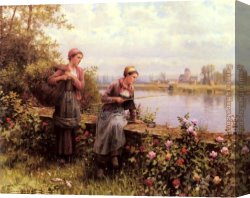 Fishing Canvas Paintings - Maria And Madeleine Fishing by Daniel Ridgway Knight