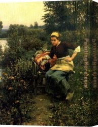 Summer Landscape Aka Woman with a Parasol in a Garden Canvas Paintings - Woman in Landscape by Daniel Ridgway Knight