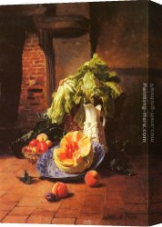 Vegetables Canvas Paintings - A Still Life With A White Porcelain Pitcher, Fruit And Vegetables by David Emile Joseph de Noter