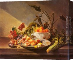 Vegetables Canvas Paintings - A Still Life With Fruit And Vegetables On A Table by David Emile Joseph de Noter