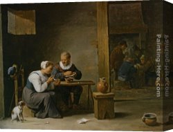 Man with Scythe Canvas Paintings - A man and woman smoking a pipe seated in an interior with peasants playing cards on a table by David the Younger Teniers