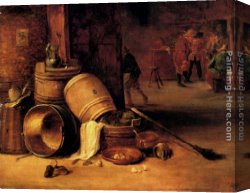 Interior Canvas Paintings - An interior scene with pots, barrels, baskets, onions and cabbages with boors carousing in the background by David the Younger Teniers