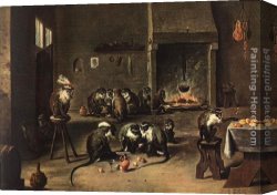 David The Younger Teniers Canvas Paintings - Apes in the Kitchen by David the Younger Teniers