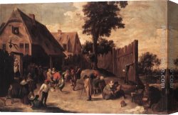 Peasant Canvas Paintings - Peasants Dancing outside an Inn by David the Younger Teniers