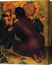 Nina Con Flor Canvas Paintings - Desnudo con girasoles 1946 by Diego Rivera