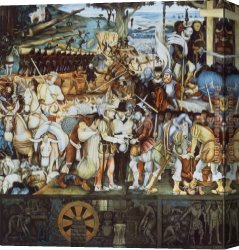 Spanish Town Canvas Paintings - Disembarkation of the Spanish at Vera Cruz (with Portrait of Cortez as a Hunchback) by Diego Rivera