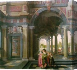 Palace Canvas Paintings - Palace Courtyard with Figures by Dirck van Delen