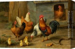The Moose Hunt Canvas Paintings - A Cockerel with Chickens by Edgar Hunt