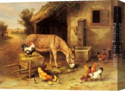 Chickens, Canvas Paintings - A Donkey and Chickens Outside a Stable by Edgar Hunt