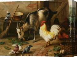 The Moose Hunt Canvas Paintings - A Goat Chicken and Doves in a Stable by Edgar Hunt