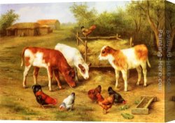 The Moose Hunt Canvas Paintings - Calves and Chickens feeding in a Farmyard by Edgar Hunt